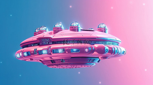 玫瑰色火箭蓝色背景上航天器的双色调 3D 渲染