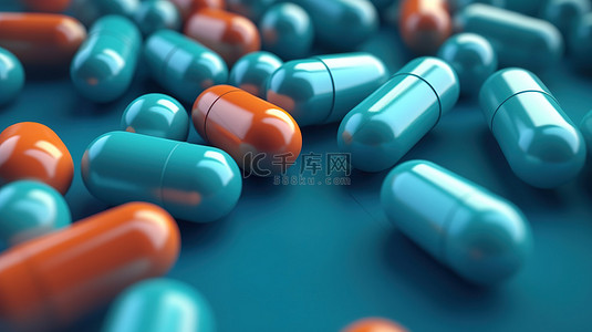 药房背景背景图片_蓝色背景与胶囊丸3D 渲染中医疗保健和药房概念的全景