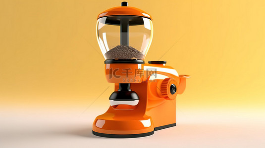 咖啡元素背景图片_带有橙色咖啡研磨机的白色背景的 3D 渲染