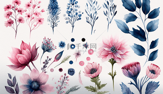 水粉花卉粉蓝配色插图背景