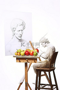 苹果梨背景图片_画架上有水果画和苹果坐在它前面