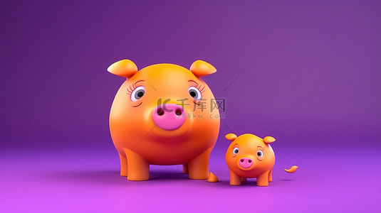 妊娠母猪背景图片_橙色的母猪玩具，搭配俏皮的紫色背景 3D 渲染的游乐场物体
