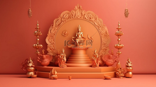 印度节背景图片_十胜节庆典的最小讲台场景 3D 渲染完美展示产品和广告设计