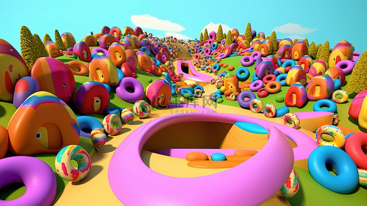 甜点世界背景图片_充满活力的彩色甜甜圈 3D 动画世界