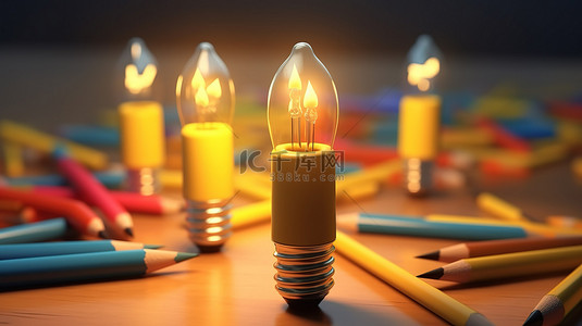 创新灵感灯泡和铅笔的 3D 插图