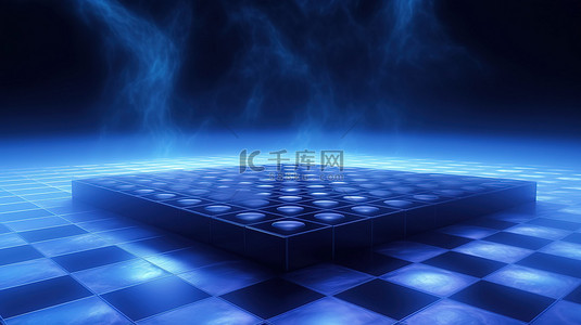 下棋背景背景图片_在 3D 渲染中的深蓝色棋盘上，在笼罩的雾气中下棋
