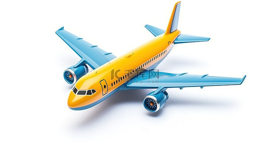 飞机表情符号的 3D 渲染，象征着白色背景上的航空运输，采用简约设计