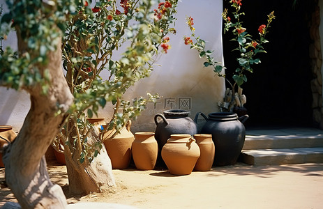 农村娃挑水的背景图片_房子前面的树后面有一些花瓶和植物