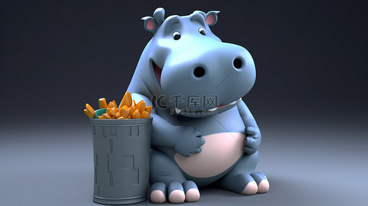 动物嬉戏的背景图片_搞笑的 3D 河马角色与垃圾桶嬉戏地摆姿势