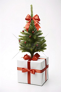 一棵小圣诞树和白色礼物中的蝴蝶结