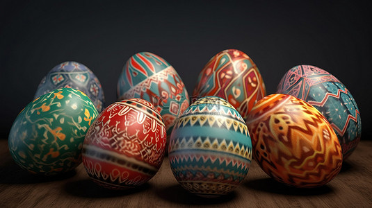 各种图案的复活节彩蛋，有 10 种鲜艳的颜色，装饰元素的 3D 渲染插图
