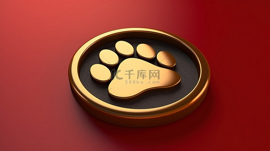 哑光红板上的金色爪子徽章 3D 渲染社交媒体图标