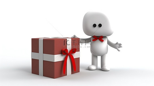 白色礼品盒上的红色禁止标志，带有吉祥物人物和丝带 3D 渲染图像