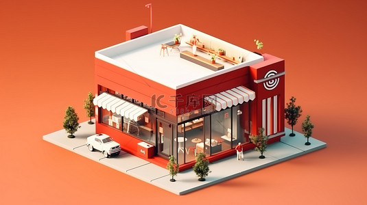 具有等距视图的最小咖啡馆和餐厅集装箱商店的数字艺术 3D 渲染