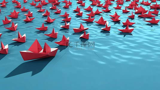 红纸船在白色和蓝色背景中脱颖而出，颂扬变革的力量3D 渲染