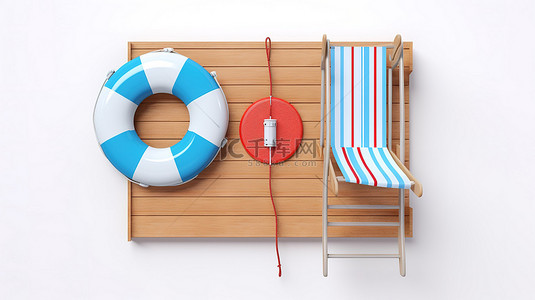 白色背景的顶视图 3D 渲染，带有木板蓝色躺椅沙滩球和救生圈
