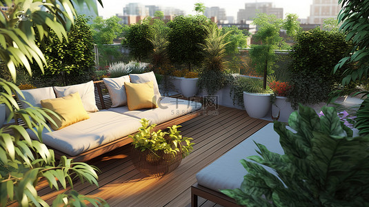 带有树顶和舒适户外沙发的露台花园的 3D 渲染插图