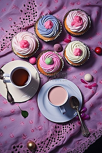奶茶店招牌背景图片_桌上的小杯茶和纸杯蛋糕