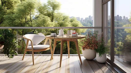斯堪的纳维亚现代阳台设计的 3D 渲染，配有餐桌和宁静的自然景观