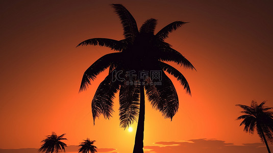 在生动的日落背景下，3D 渲染引人注目的棕榈树轮廓