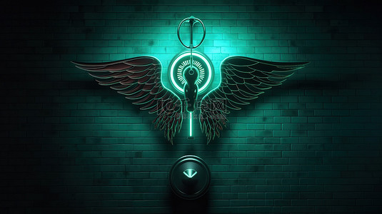 医疗符号背景图片_背光医疗杖符号的 3D 渲染为暗墙上的平衡尺度