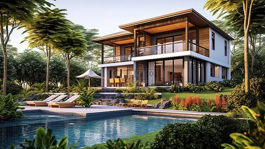 游泳池露台和景观花园精美的住宅和别墅外观设计 3D 渲染