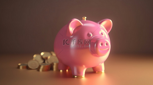 货币安全背景图片_3d 渲染中闪亮的金币和粉红色的存钱罐