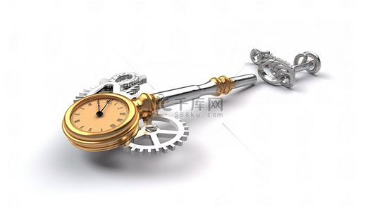 使用 3D 技术创建的干净白色背景上的时钟和玩具的老式金属钥匙