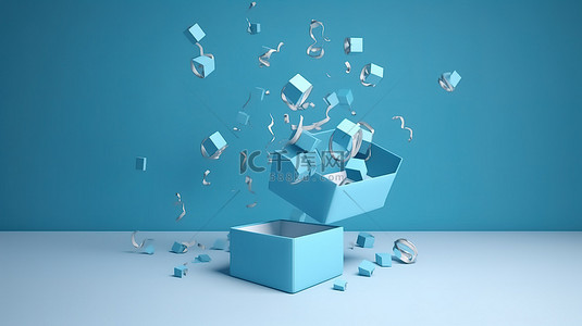 揭开惊喜的 3D 渲染打开的礼品盒，带有蓝色背景和带有礼品掉落插图的文本空间