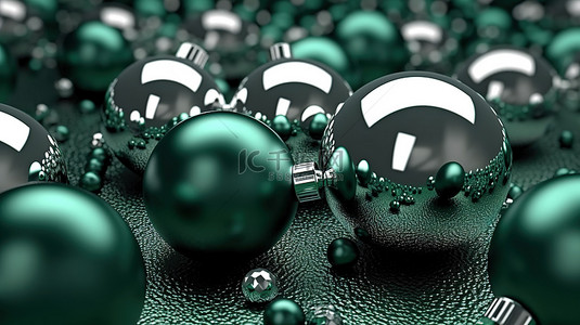 银球和雪花紧邻绿色背景精致时尚的 3D 插图，适合冬季庆祝活动