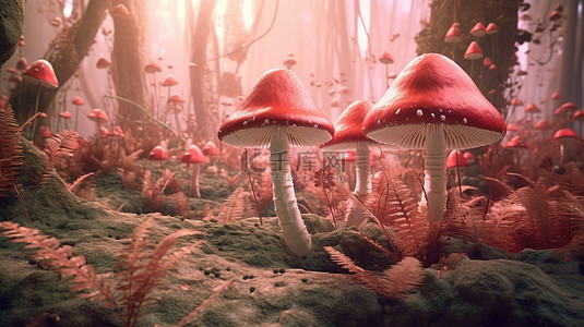 迷人的 3D 插图，描绘了一片深林，在柔和的粉红色灯光下充满了蕨类植物酢浆草和蘑菇