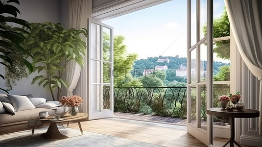优雅的起居空间，可欣赏风景优美的花园景观 3D 渲染阳台俯瞰
