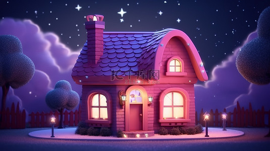 星空夜空下粉红色的可爱卡通房子的令人愉快的 3D 渲染