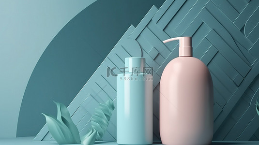 在几何 3D 渲染背景上模拟展示洗发水瓶