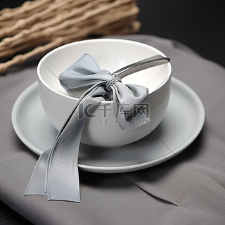 桌子上放着一个碗，旁边是蓝色勺子和白色蝴蝶结