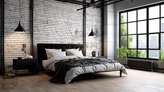 阁楼卧室别致的 3D 渲染，以白色砖墙为背景，配有时尚的黑钢家具