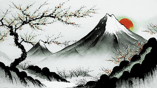 古典水墨画背景背景图片_中国风水墨日出山林梅树背景