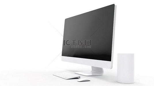 中控台样机背景图片_空白显示隔离在白色 3D 渲染中，所有内容都在一台台式计算机模型中