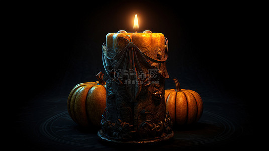 黑色背景下的怪异 3D 万圣节蜡烛艺术品