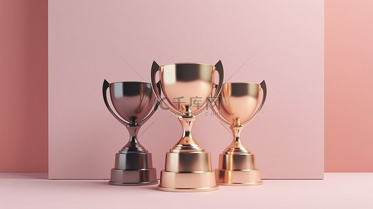 粉红色背景中的极简主义设计模板金银铜奖杯