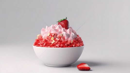卡通风格 3D 渲染草莓顶部的 bingsu 刨冰在孤立的白色背景上