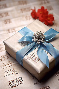 红色礼品盒背景图片_一个红色礼品盒和一个蓝色蝴蝶结在一个古老的中文字母上