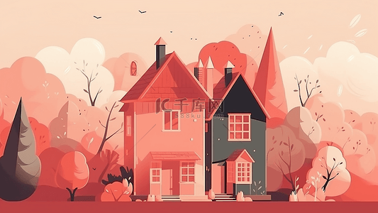 卡通农村房子背景图片_卡通房子红色系背景插画