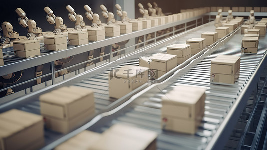 工厂卡通背景图片_带有迷你机器人和 3D 渲染盒子的工厂输送线