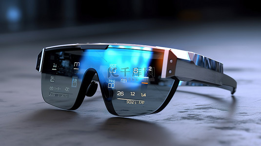 创新设备和增强现实创意眼镜在 3D 渲染中在混凝土表面显示数字时间和日期