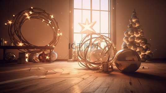 渲染气氛背景图片_节日气氛 3d 渲染圣诞场景与装饰品