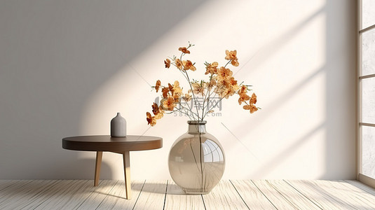 宽敞的 3D 家具房间的边桌上盛开的花朵