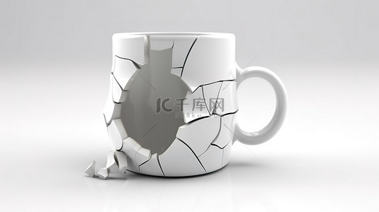 白色背景上孤立的破碎白色咖啡杯的 3D 渲染