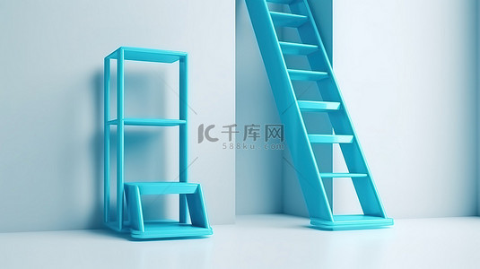 白色背景 3D 渲染和插图上的最小概念隔离蓝色梯子