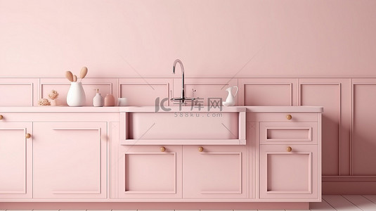 柔和的粉色奶油色厨房水槽抽屉柜 3d
